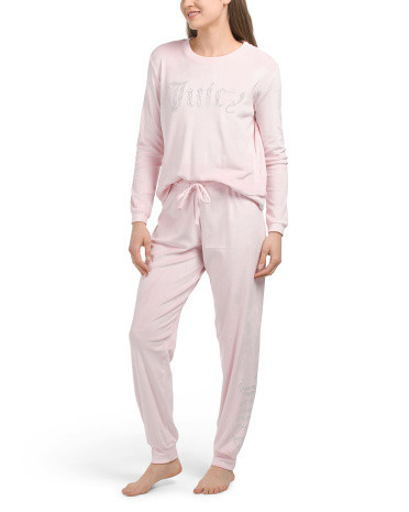 Packaged Velvet Fleece Rhinestone Accent Crew Neck Jogger Pajama Set | TJ Maxx