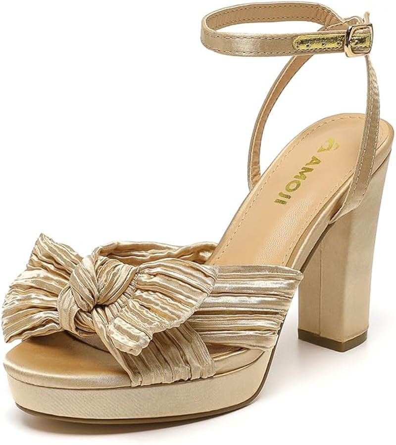 Amoji Women's Chunky Platform Heels 4'' Bowknot Heeled Sandal Wedding with Ankle Strap 302F4 | Amazon (US)