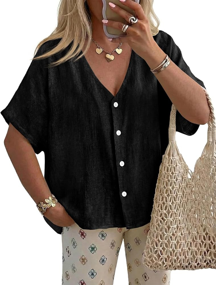 Tankaneo Womens Shirt Tops Batwing Short Sleeve Blouse Summer Casual Oversized V Neck Button Down... | Amazon (US)