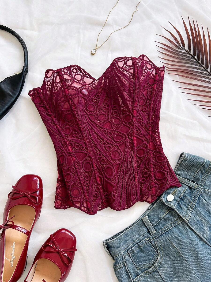 Soleia Sexy Off-The-Shoulder Lace Layered Corset Bustier Top, Hollow Out Embroidered Shapewear, N... | SHEIN