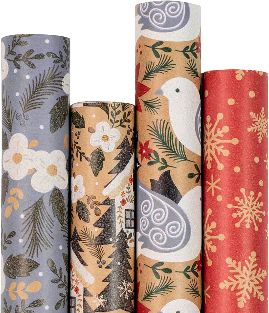 RUSPEPA Christmas Wrapping Paper, Kraft Paper - Dove, Snowflake, Flower, and House - 4 Rolls - 30... | Amazon (US)