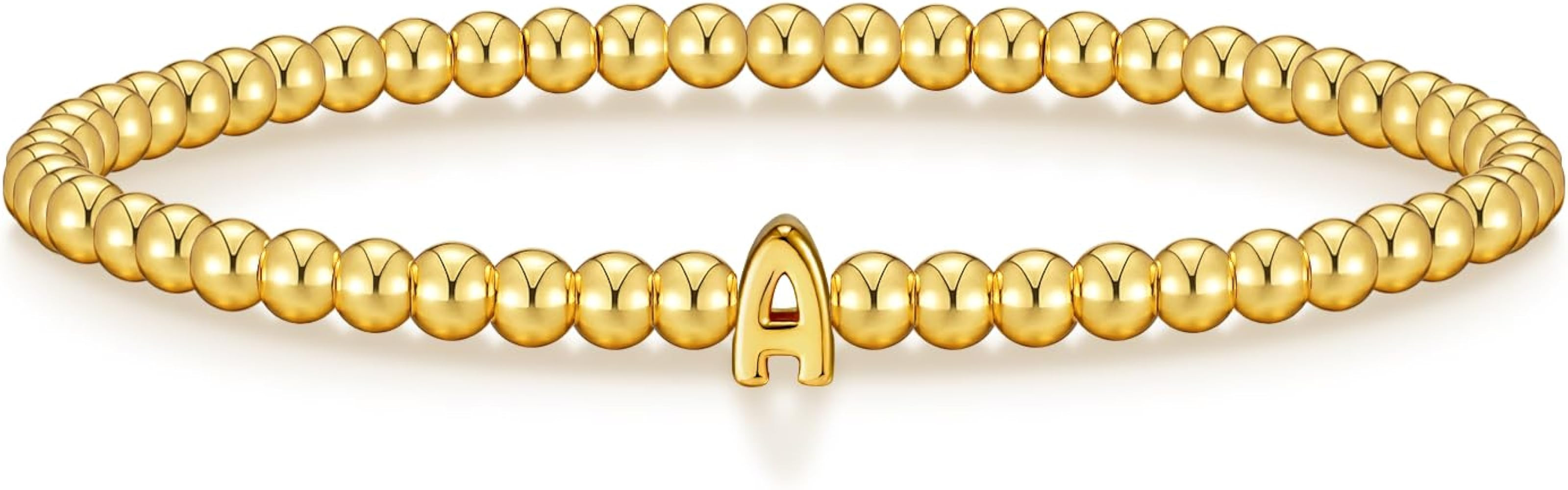 Wowshow Gold Bracelets for Women, 18K Gold Plated Stretch Initial Beaded Bracelets with A-Z Lette... | Amazon (US)