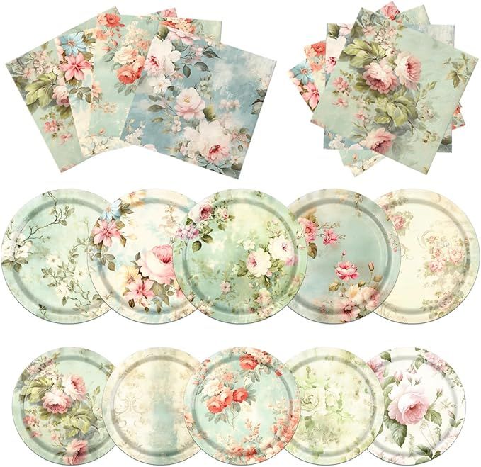 CMUSKO Vintage Floral Paper Plates Kit-60Pcs Floral Decorations for Tea Party Birthday Baby Showe... | Amazon (US)