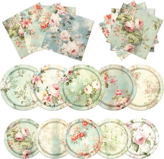 CMUSKO Vintage Floral Paper Plates Kit-60Pcs Floral Decorations for Tea Party Birthday Baby Showe... | Amazon (US)