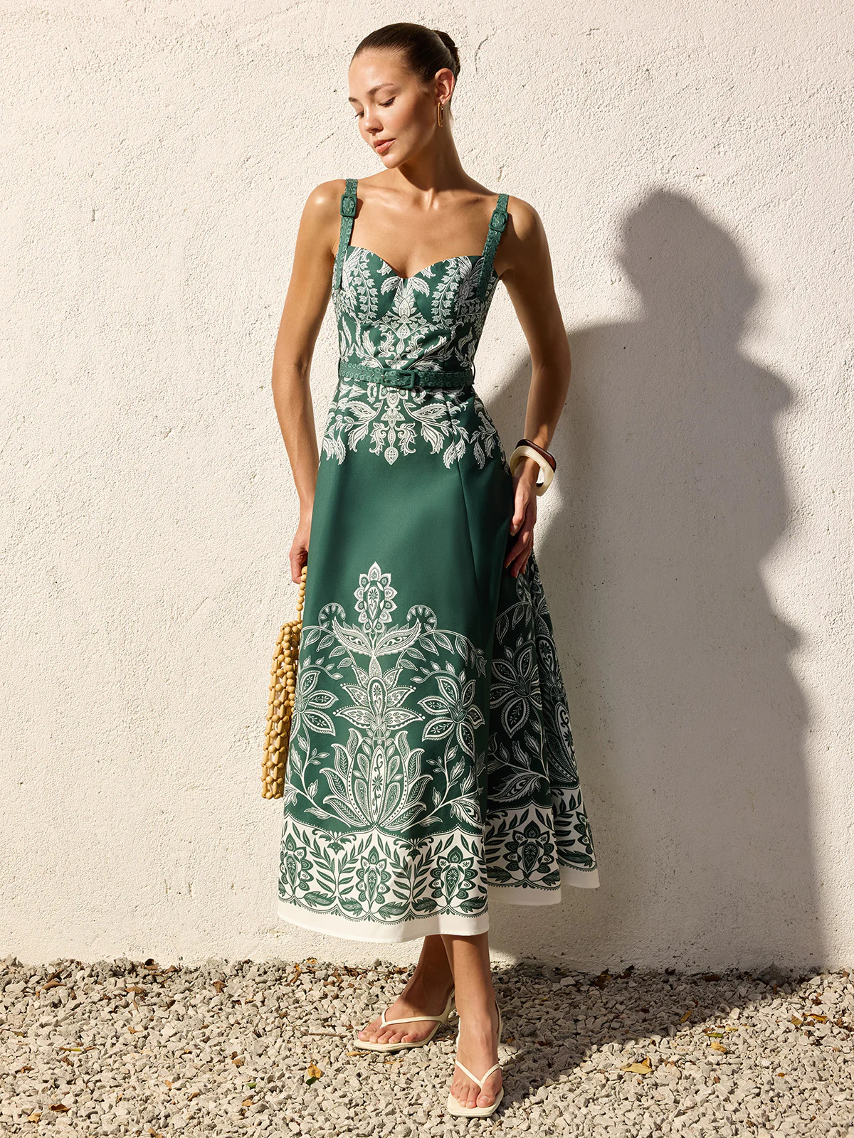 Baroque Floral Print Belted Cami Maxi Dress | Commense