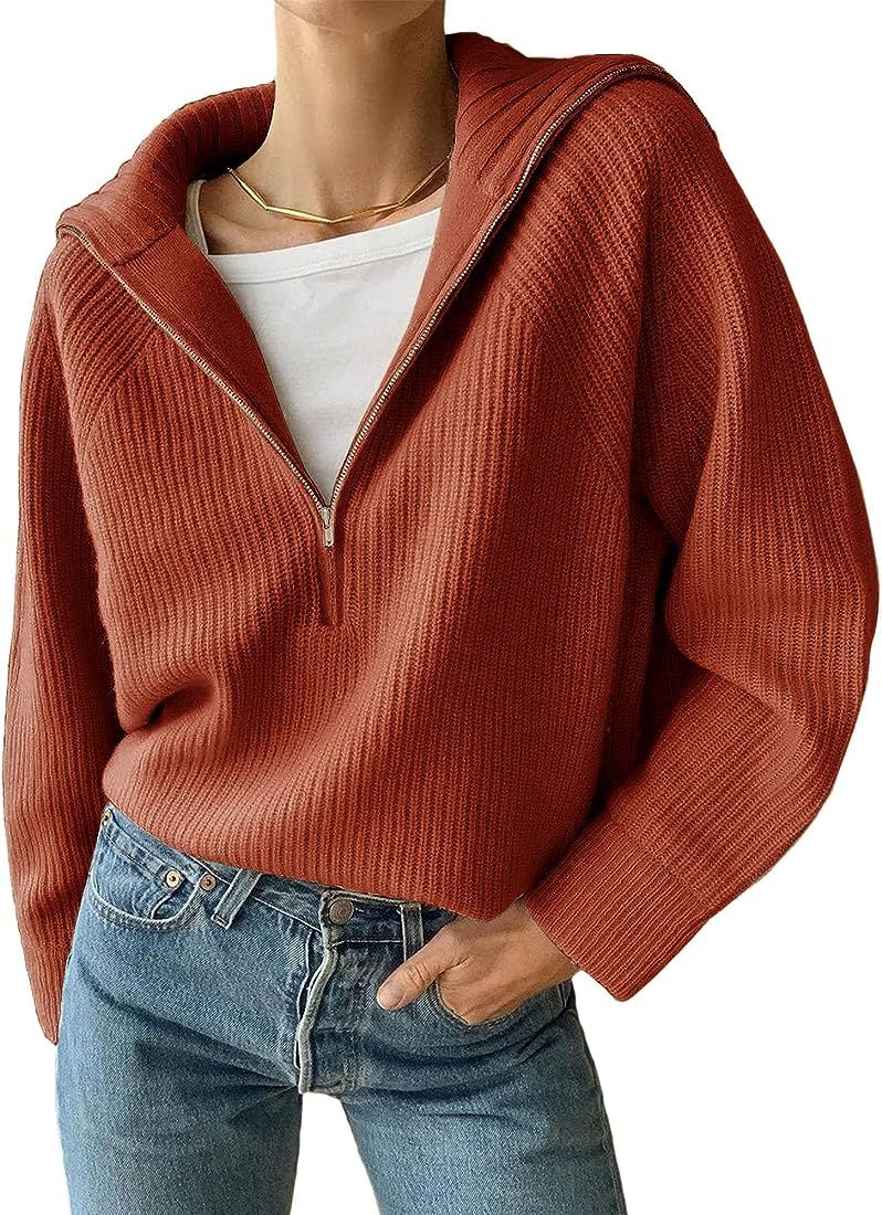 Women’s Casual Long Sleeve Half Zip Pullover Sweaters Solid V Neck Collar Ribbed Knitted Loose Slouc | Amazon (US)