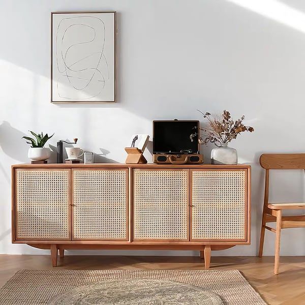 Mid-Century Modern 55" Natural Sideboard Buffet with 2 Glass Doors & 4 Drawers & 1 Shelf | Homary