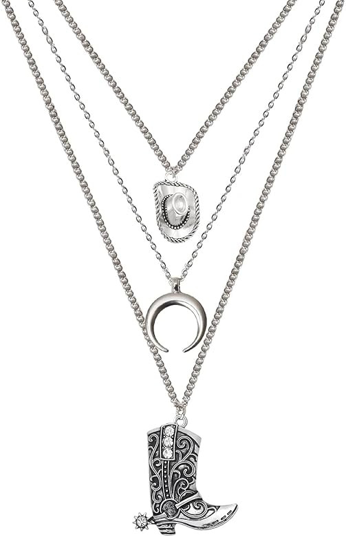 RechicGu Layered Boho Western Cowgirl Necklace For Women Bull Head Moon Crescent Cowboy Boot Char... | Amazon (US)
