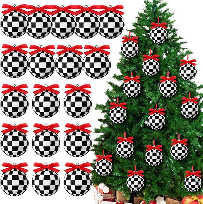 Meooeck 36 Pcs Black and White Christmas Ball Ornaments with Red Bows 2.36'' Plastic Glittered Ch... | Amazon (US)