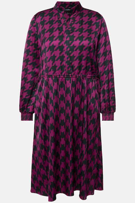 Houndstooth Print Long Sleeve V-Neck Midi Dress | Ulla Popken - US & CA