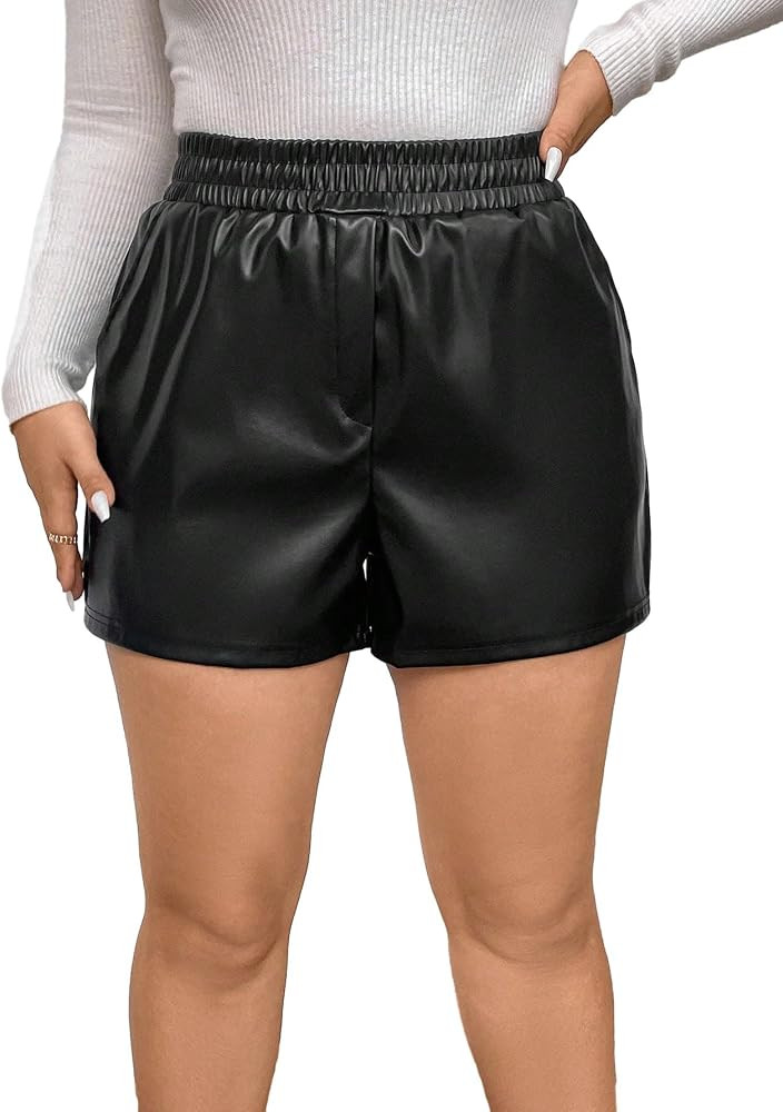 MakeMeChic Women's Plus Size PU Leather Elastic Waist Shorts Casual Solid Straight Leg Shorts Bot... | Amazon (US)