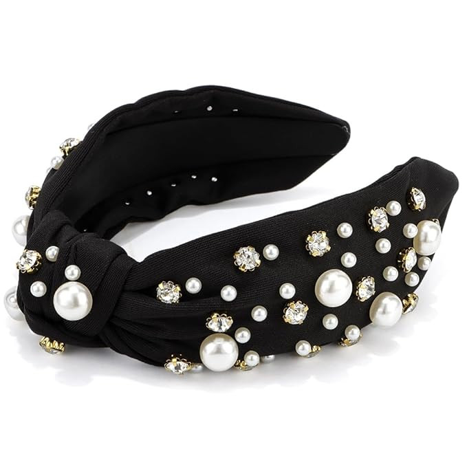 Atoden Black Knotted Headbands with Pearl Rhinestone Womens Headbands Wide Top Knot Headbands Bea... | Amazon (US)