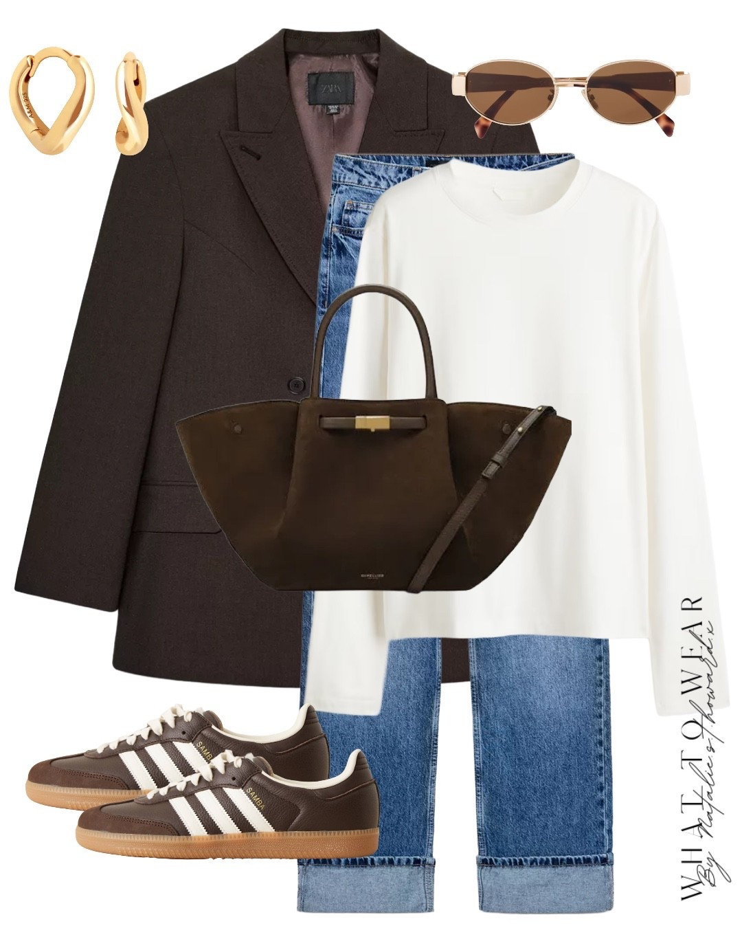 A staple everyday outfit idea styling Midwest blue jeans, a long sleeved white tee and an oversized brown blazer. Finished with brown suede Demellier bag and brown adidas samba trainers 

#LTKautumn #LTKuk #LTKstyletip