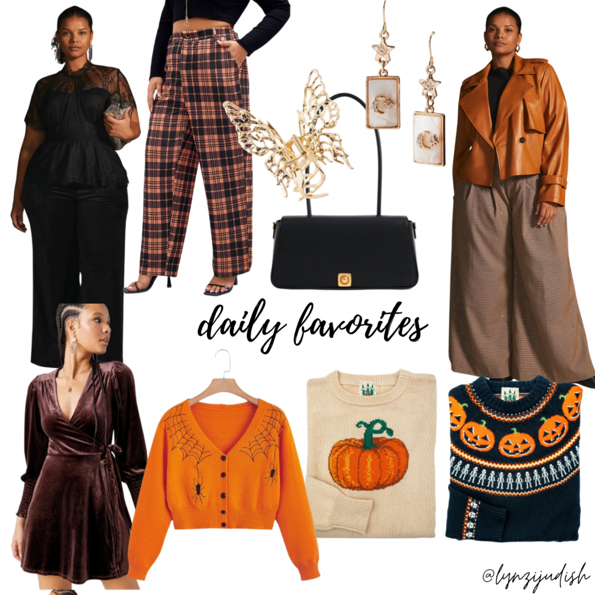Daily Favorites 

Fall fashion, fall style, size 16 influencer, Halloween style, black bustier blouse, orange plaid pants, black purse, gold butterfly clip, celestial gold earrings, orange leather jacket, faux leather, brown velvet dress, orange spider web cardigan, pumpkin sweater, pumpkin fair isle, skeleton fair isle 

#LTKunder100 #LTKcurves #LTKHalloween