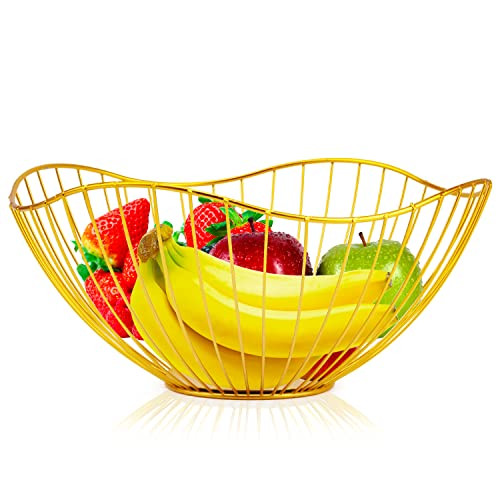 Metal Wire Fruit Basket, Gold Fruit Bowl for Kitchen Counter, Fruit Holder Stand Storage Baskets for Countertop, Home Decor, Table Centerpieces, Vegetable Bowls for Fruits, Veggies, Snacks (Gold) | Amazon (US)
