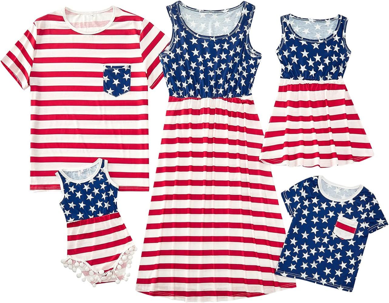 PopReal 4th of July Matching Family Outfits American Flag Mommy and Me Dresses Women Boy Girl Shirts | Amazon (US)