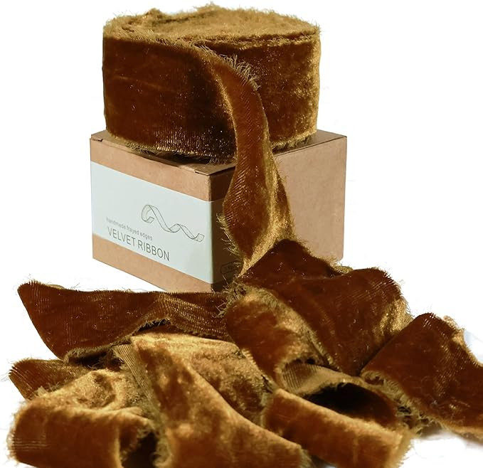 Brown Velvet Ribbon for Gift Wrapping - 1 1/2 Inch 3 Yards Handmade Silk Fabric with Frayed Edge ... | Amazon (US)