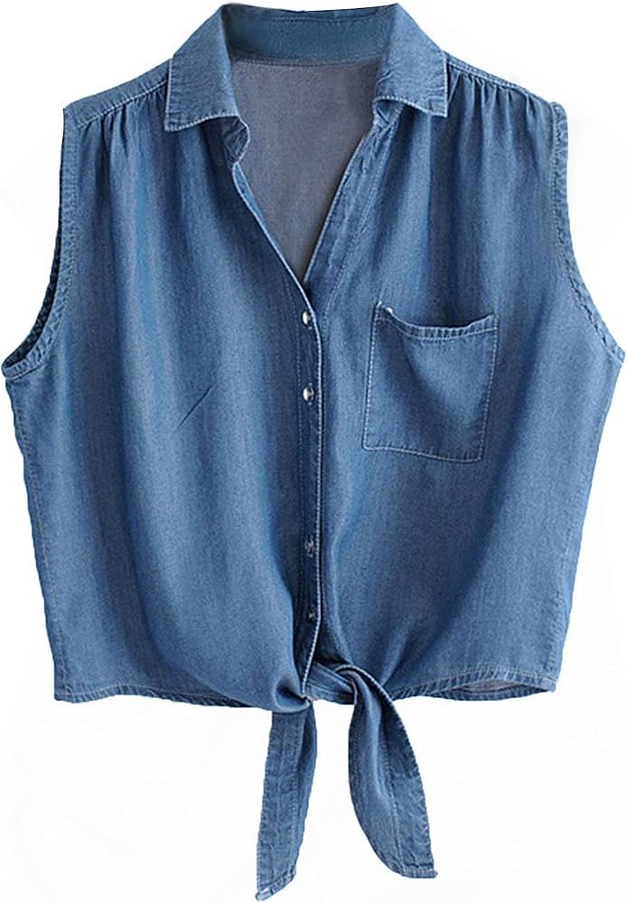 SeekMe Women's Sleeveless Tie Front Knot Jean Top Button Down Tencel Chambray Denim Shirt | Amazon (US)