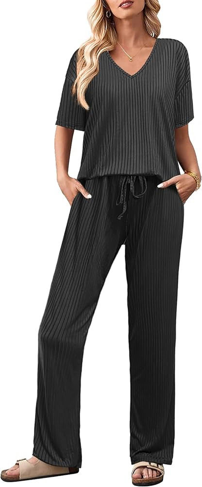 Ekouaer Lounge Sets for Women Short Sleeve Top and Long Pants Ribbed Knit Pajama Set 2 Piece PJ S... | Amazon (US)