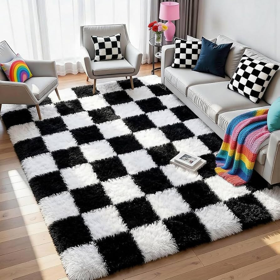 KICMOR Black and White 3x5 Rugs for Bedroom Bedside, Fluffy Soft Checkered Shag Area Rug Fuzzy Sh... | Amazon (US)