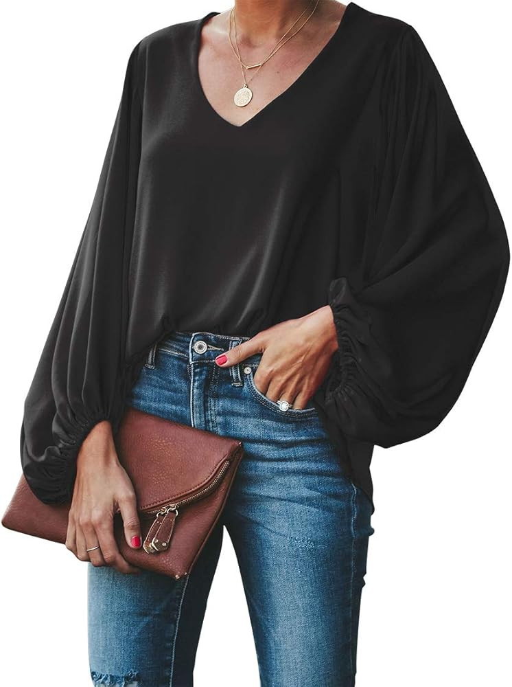 Women's Casual Sweet & Cute Loose Shirt Balloon Sleeve V-Neck Blouse Top | Amazon (US)
