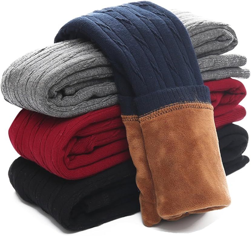 Govc Kids Girls Winter Warm Velvet Leggings Stretch Cotton Cable Knit Fleece Lined Pants Tights | Amazon (US)