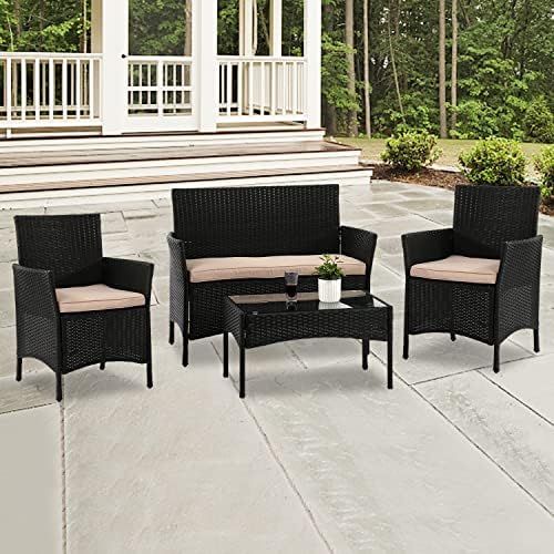 4 PCS Outdoor Patio Conversation Furniture Set with Cushions Outdoor Patio Rattan Sofa Furniture Set | Amazon (US)