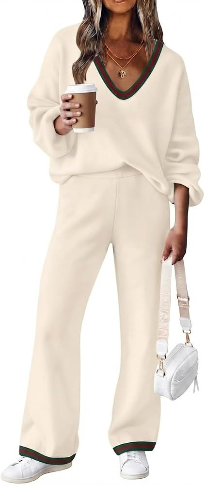 Womens 2 Piece Outfit Sweater Lounge Sets V Neck Knit Pajama Set Loungewear | Amazon (US)
