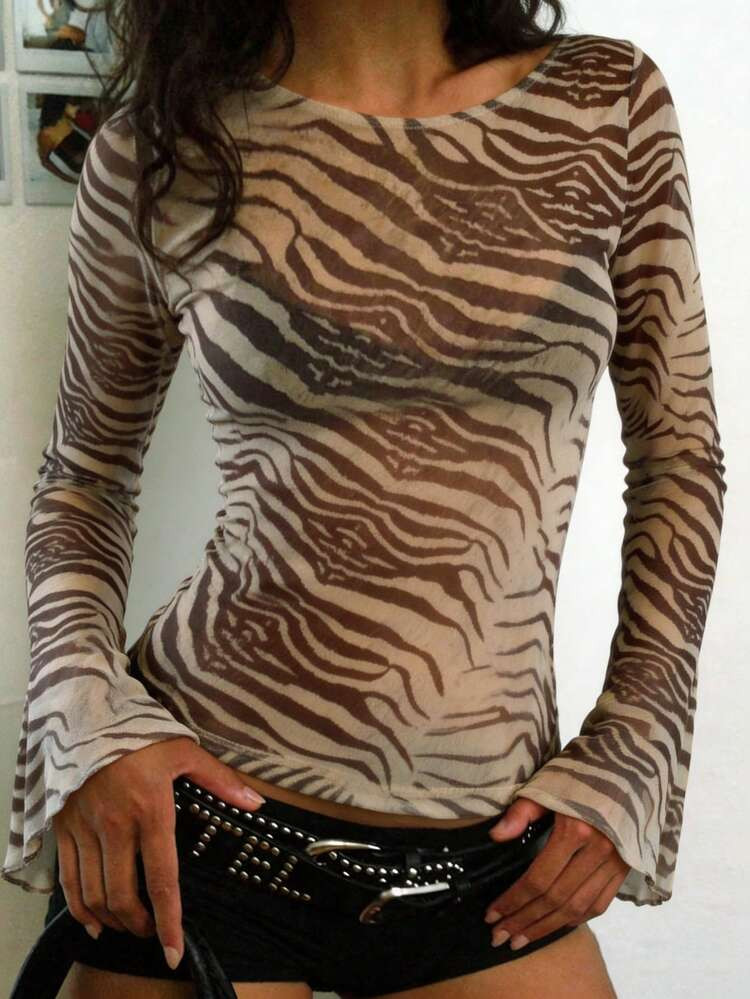 Fall Sexy Brown Y2k Woman Clothes Long Sleeve Mesh Elegant Graphic Print Flowy Tops Party Going O... | SHEIN