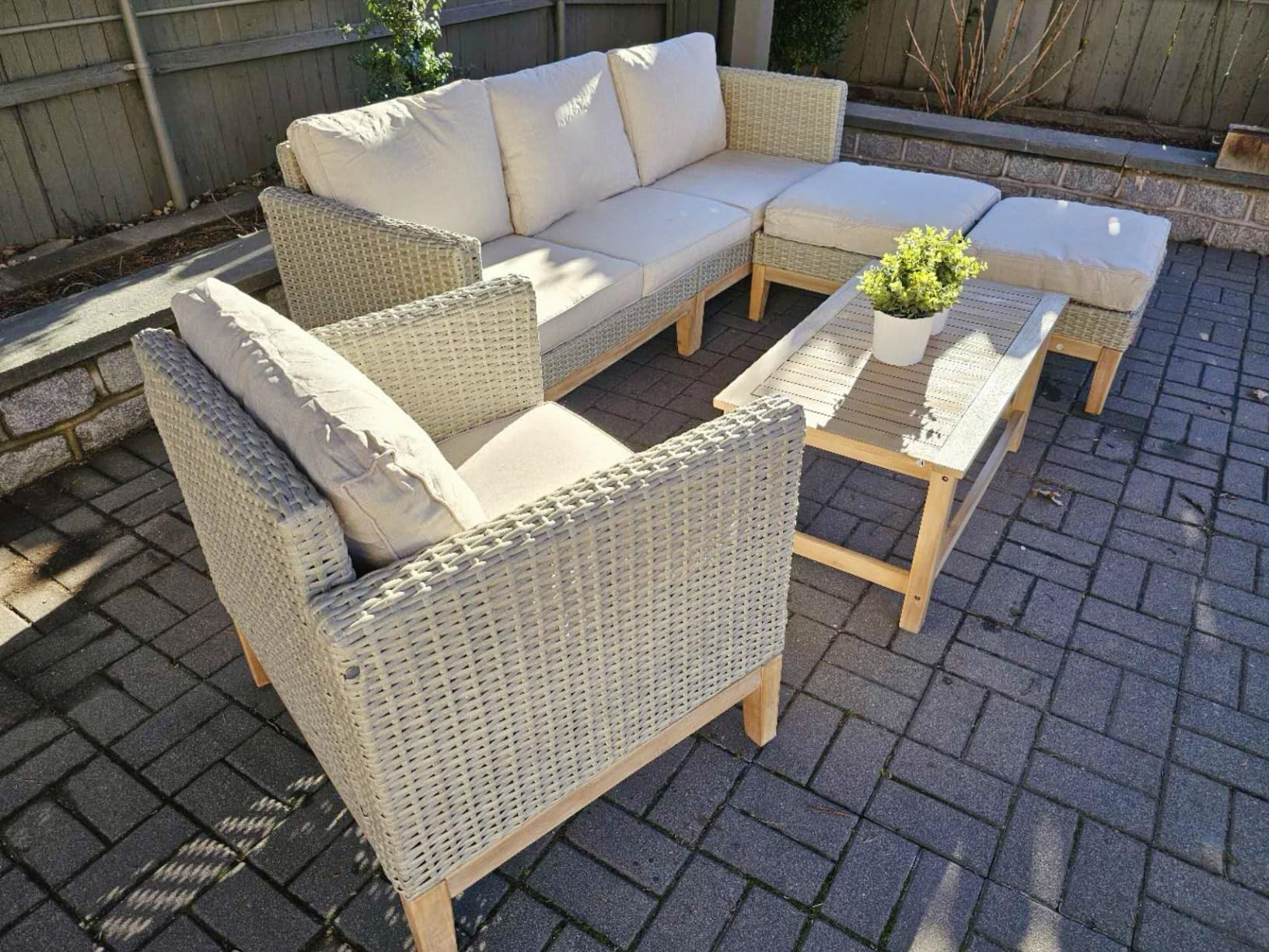 Sophia & William Outdoor Patio Furniture Sets, 5-Piece All-Weather Patio Conversation Set, High Back Wicker Rattan Setional Sofa with Large Single Sofa Chairs, Ottomans & Wooden Coffee Table (Beige) | Amazon (US)