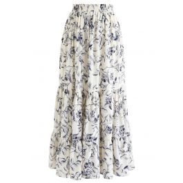 Navy Floral Frilling Hem Maxi Skirt | Chicwish