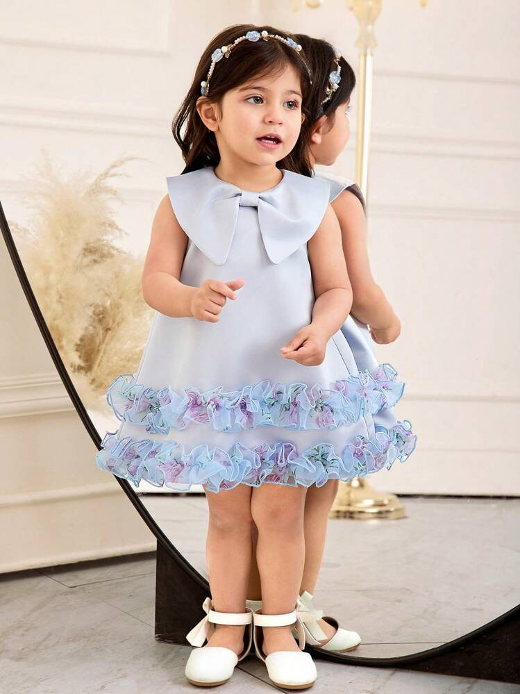 Baby Girl Elegant Minimalist Cute Bow Decor Ruffle Hem Patchwork Dress | SHEIN