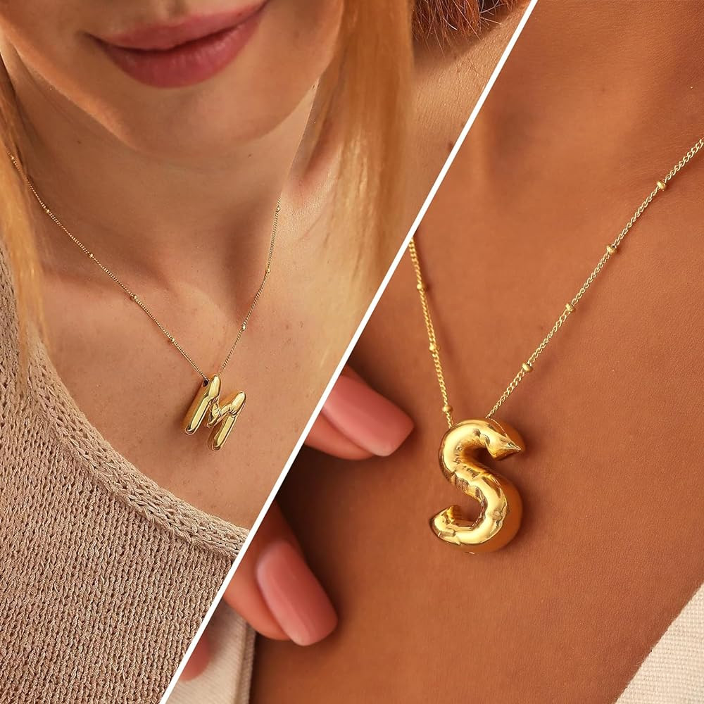 Bubble Letter Necklace Balloon Initial Necklaces for Women Dainty Alphabet Pendant 14K Gold Plate... | Amazon (US)