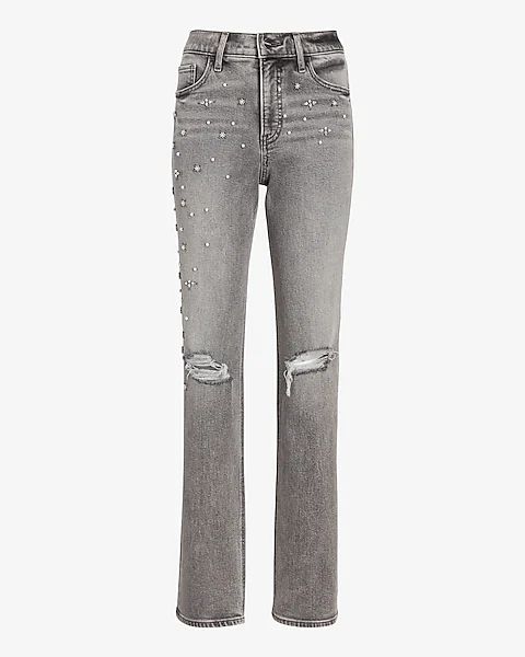 High Waisted Ripped Pearl Embellishment Modern Straight Jeans | Express