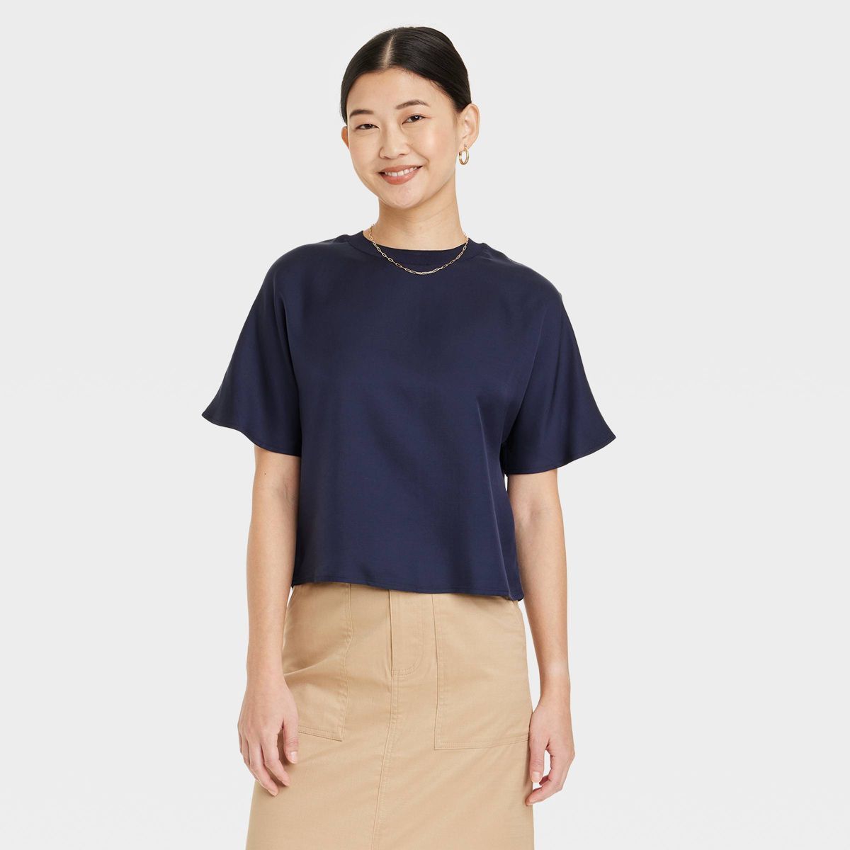 Women's Short Sleeve Woven T-Shirt - A New Day™ Navy M | Target