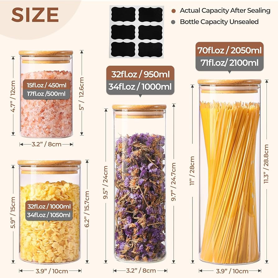 ComSaf Glass Food Storage Jars Set of 6, Clear Glass Storage Containers with Lids, Canisters Sets... | Amazon (US)