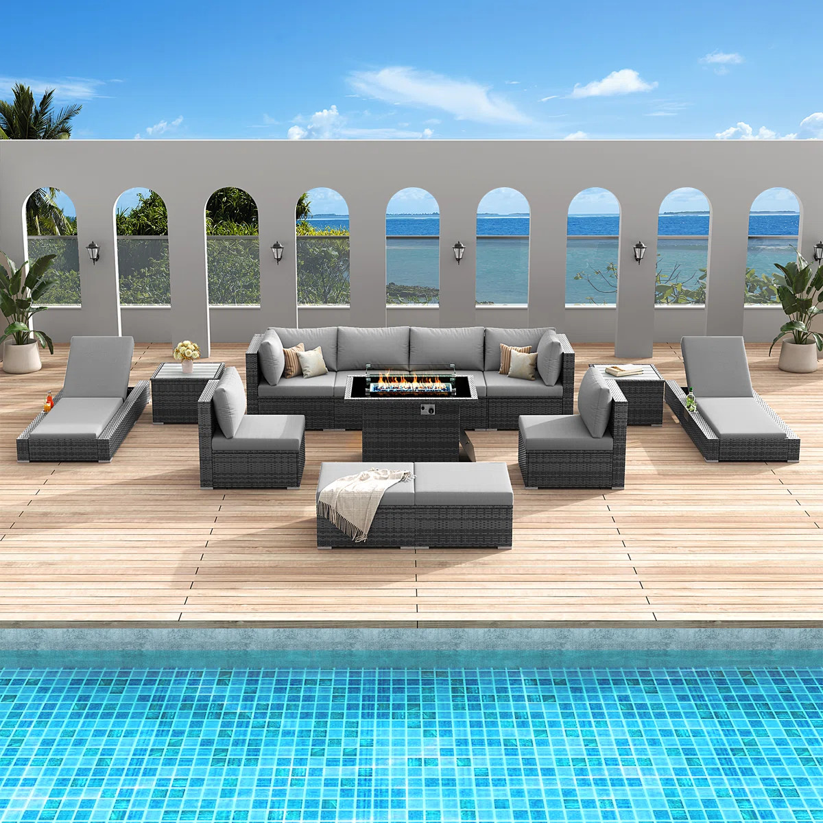 Jiovonni 13-Piece Outdoor Modular Sectional Conversation Set with 60,000 BTU Fire Pit Table, PE W... | Wayfair North America