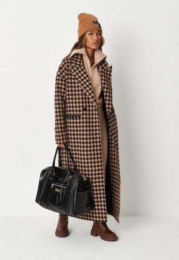 Missguided - Brown Houndstooth Longline Formal Coat | Missguided (US & CA)
