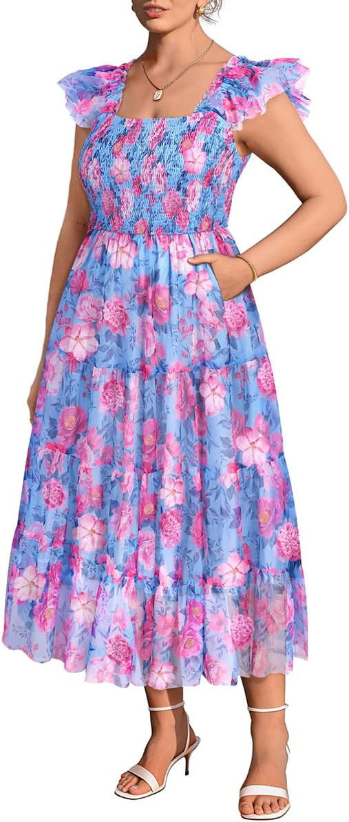 RITERA Plus Size Dresses Women Summer Tulle Smocked Midi Dress Sleeveless Ruffle Mesh Party Weddi... | Amazon (US)