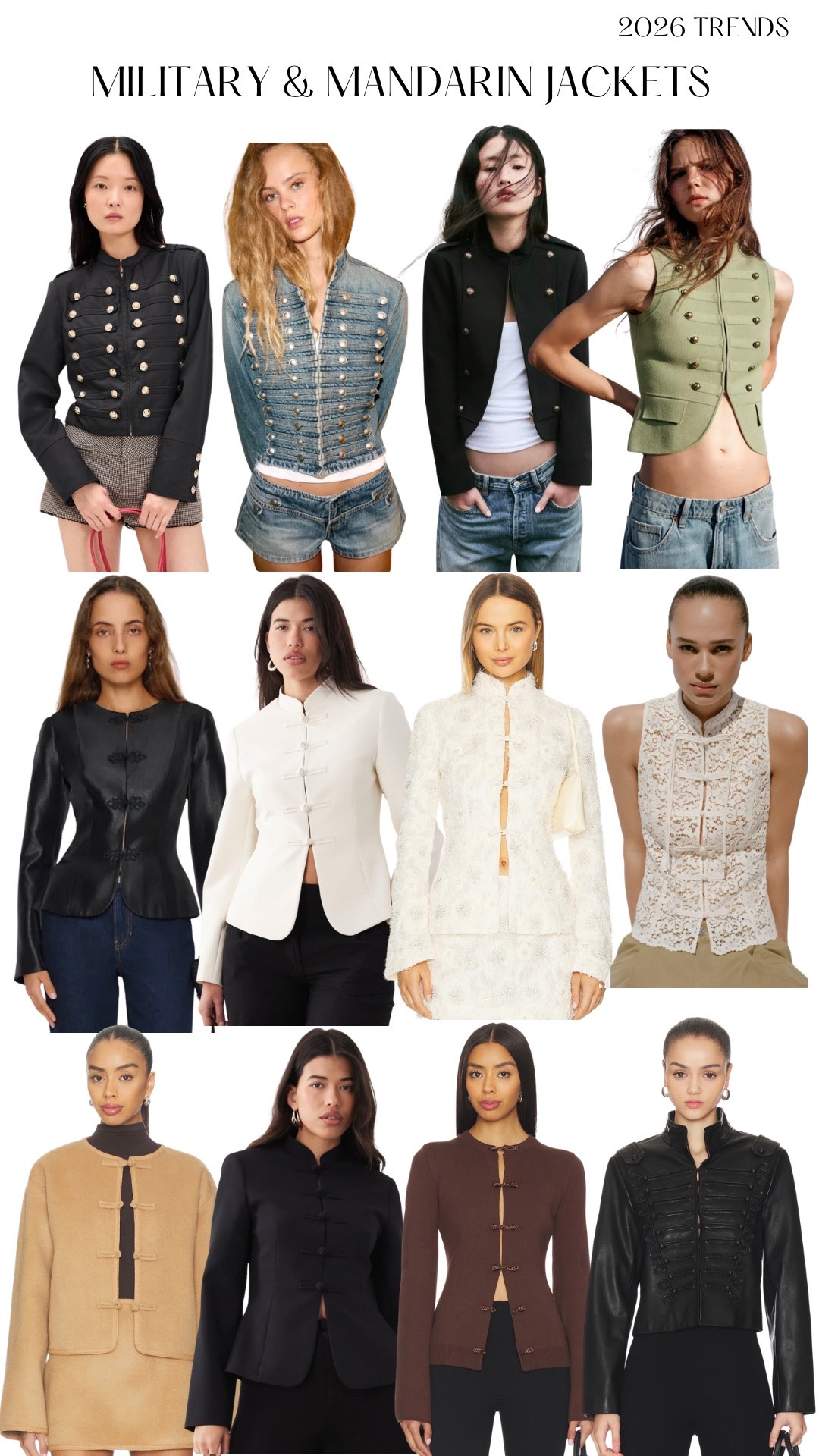 Fashion trends 2026: military & mandarin jackets 
Shop black, white, denim and lace jackets and blazers 
#fashiontrends #military #mandarin #jacket #blazer  #springoutfit 

#LTKgrwm #LTKootd #LTKWorkwear