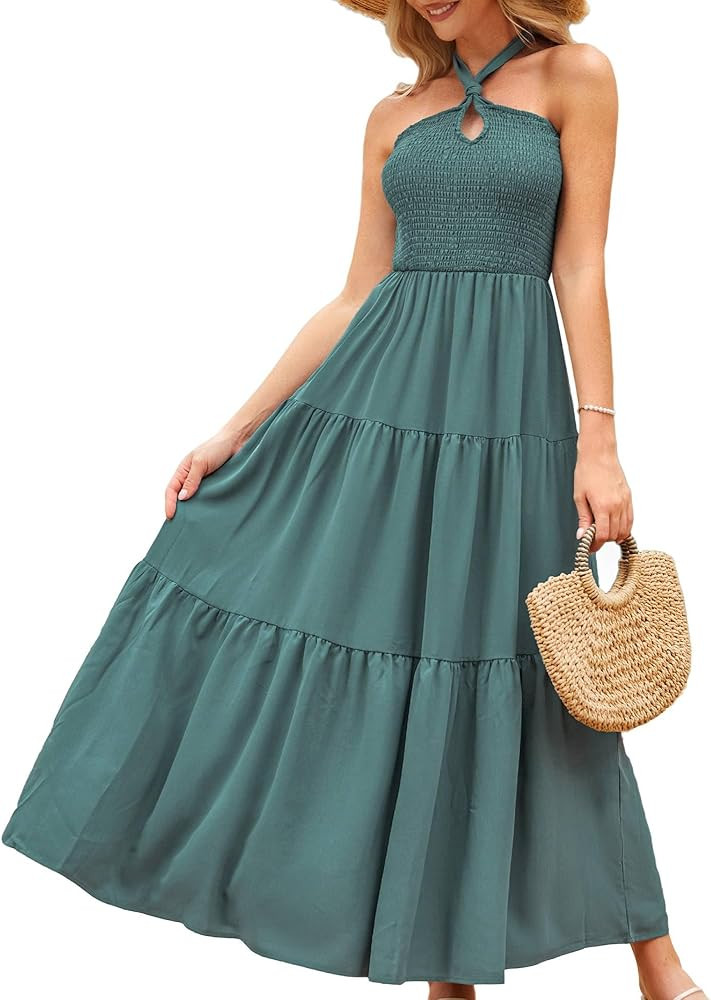 GRACE KARIN Women's Summer Dresses 2024 Halter Neck Sleeveless Smocked Backless Cut Out Floral Fl... | Amazon (US)