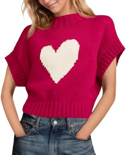 Saodimallsu Womens Cap Sleeve Cropped Sweater Mock Neck Cute Heart Loose Valentine Knit Tank Tops | Amazon (US)