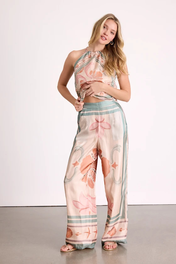 Dreya Beige Multi Boho Print Satin Wide-Leg Pants | Lulus