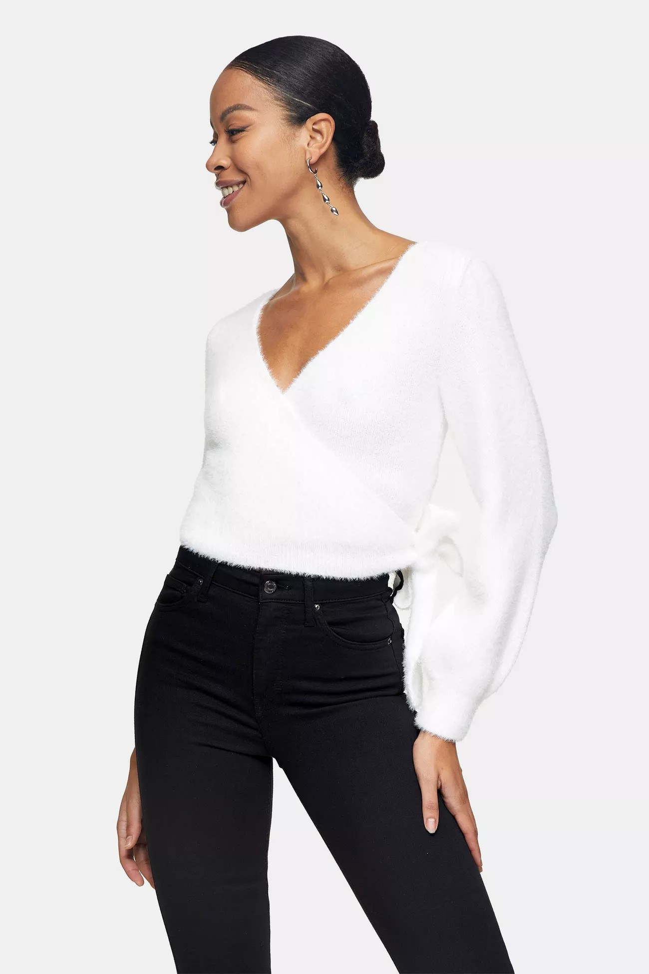 Ivory Fluffy Ballet Wrap Knitted Top | Topshop UK
