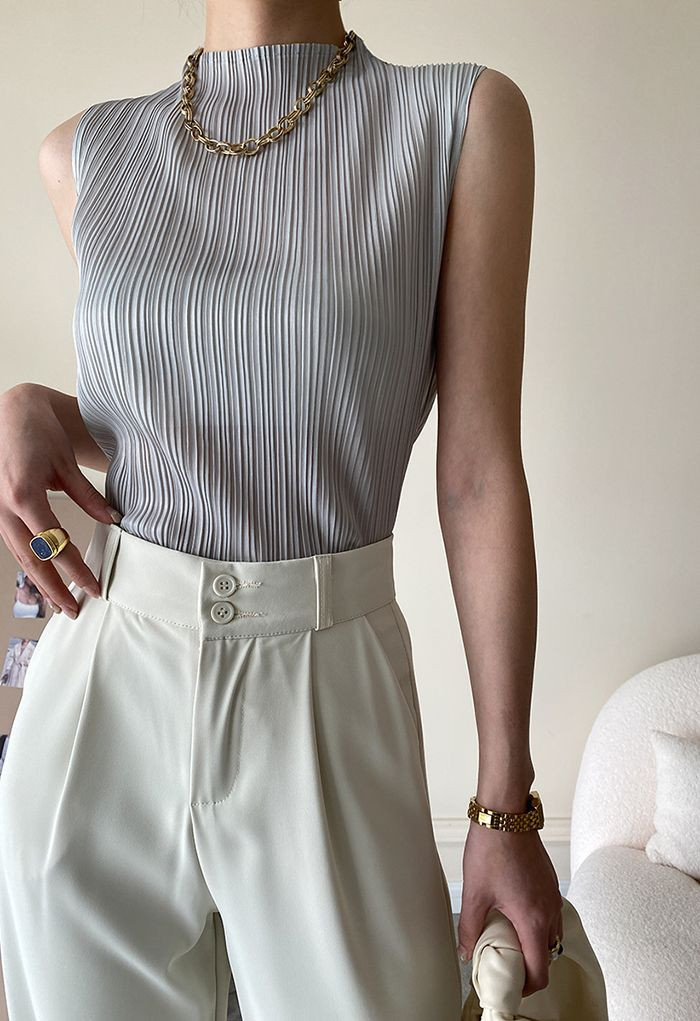 Plisse Mock Neck Sleeveless Top in Grey | Chicwish