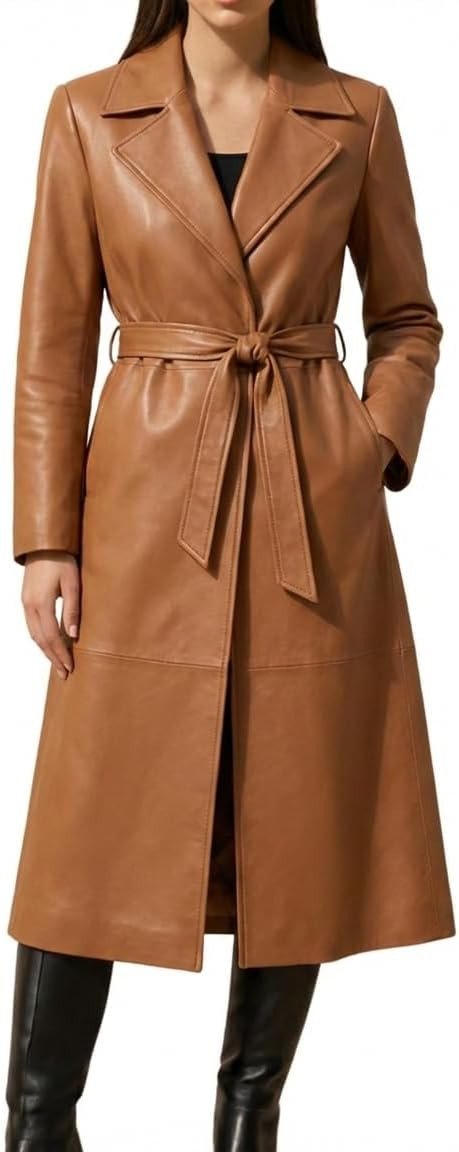 Women's Genuine Sheepskin Leather Trench Coat Long Brown Belted Overcoat Stylish Slim Fit Winter Fashion Wear | Amazon (US)