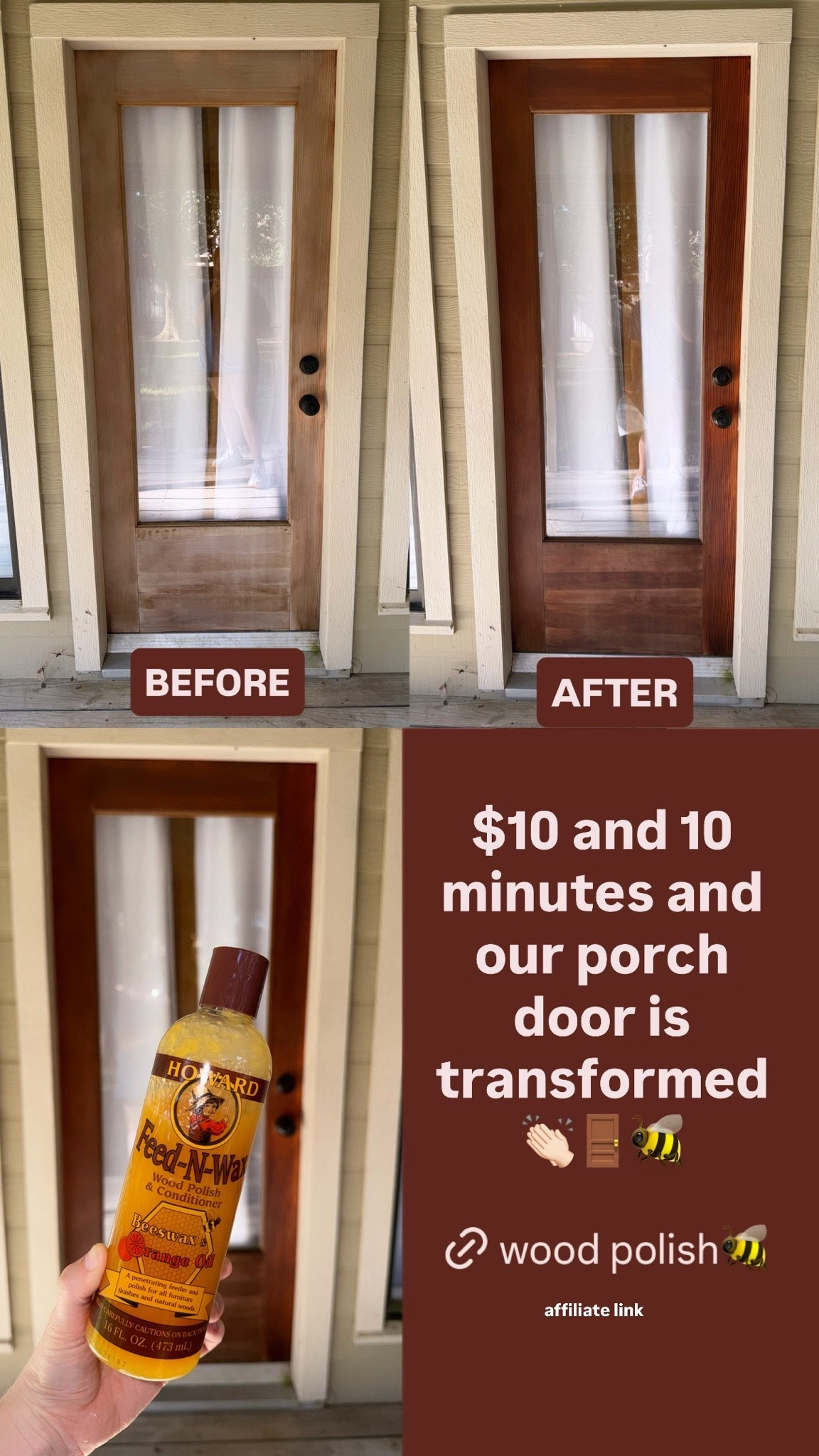 Get a jump on fall cleaning with this $10 door update! Thoroughly clean your door (I used water, dawn dish soap, and a scrub brush), once dry use a clean rag to buff in this door polish. That's it! I did 2 doors and used less than a quarter of the bottle!
......
Fall porch fall porch decor fall porch cleaning front door cleaning front door polish wood door conditioner wood door polish home refresh home cleaning hacks home refresh house cleaning tips Amazon cleaning finds how to clean easily quick home projects quick home updates

#LTKdayinmylife #LTKmomlife #LTKMens