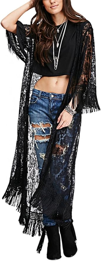 Eshion Women's Lace Crochet Kimono Cardigan Swimsuit Bikini Cover Up Beachwear | Amazon (US)