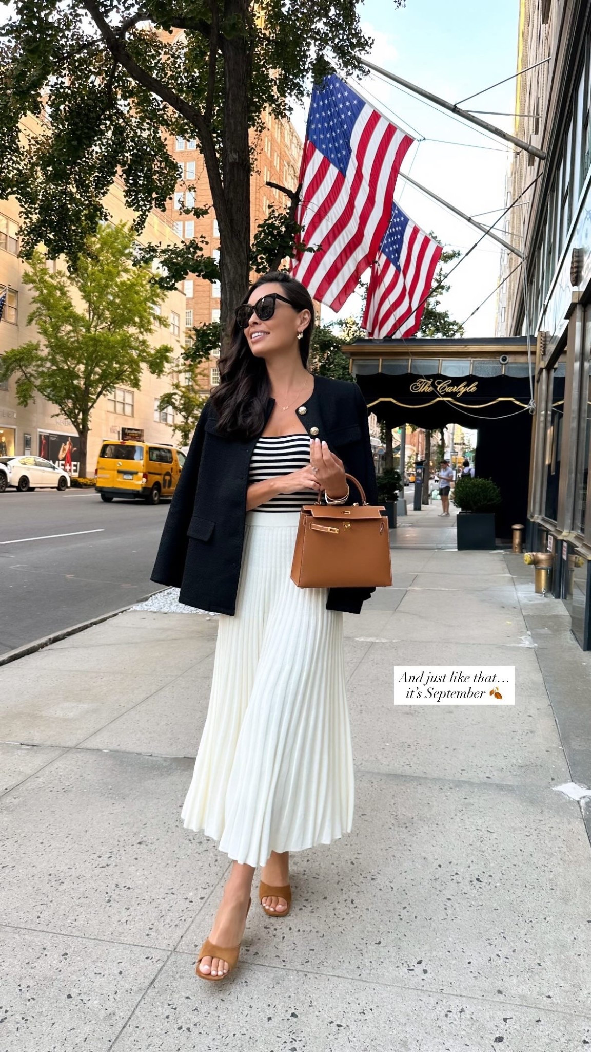 Fall outfit, Kat Jamieson style, white skirt, black tweed jacket, fall fashion, fall jacket, Hermes Kelly, Upper East Side, NYC. 

#LTKSeasonal #LTKWorkwear #LTKItBag