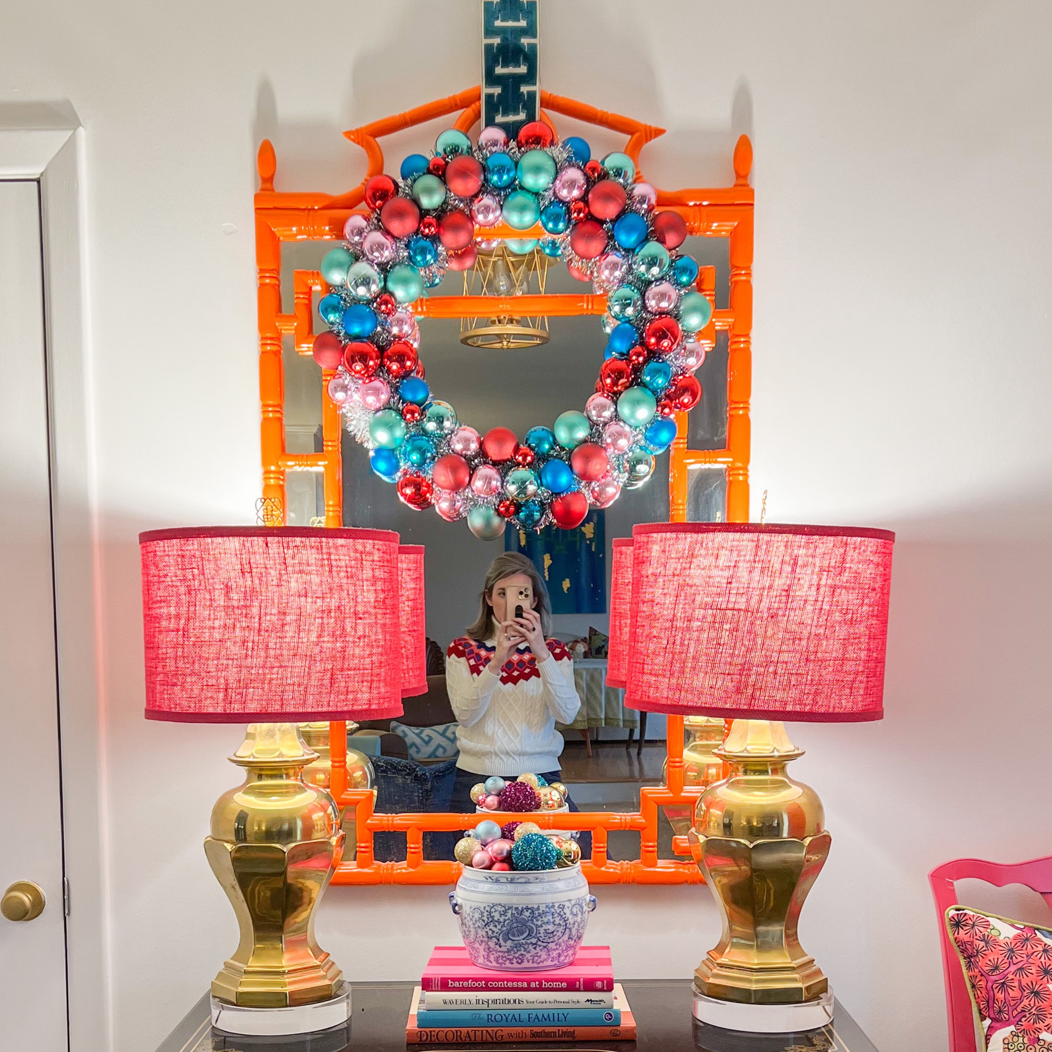 Can you believe this wreath is only $25?! I added the fabric tape for a custom touch!
I’m also linking the pink shades and acrylic bases! 